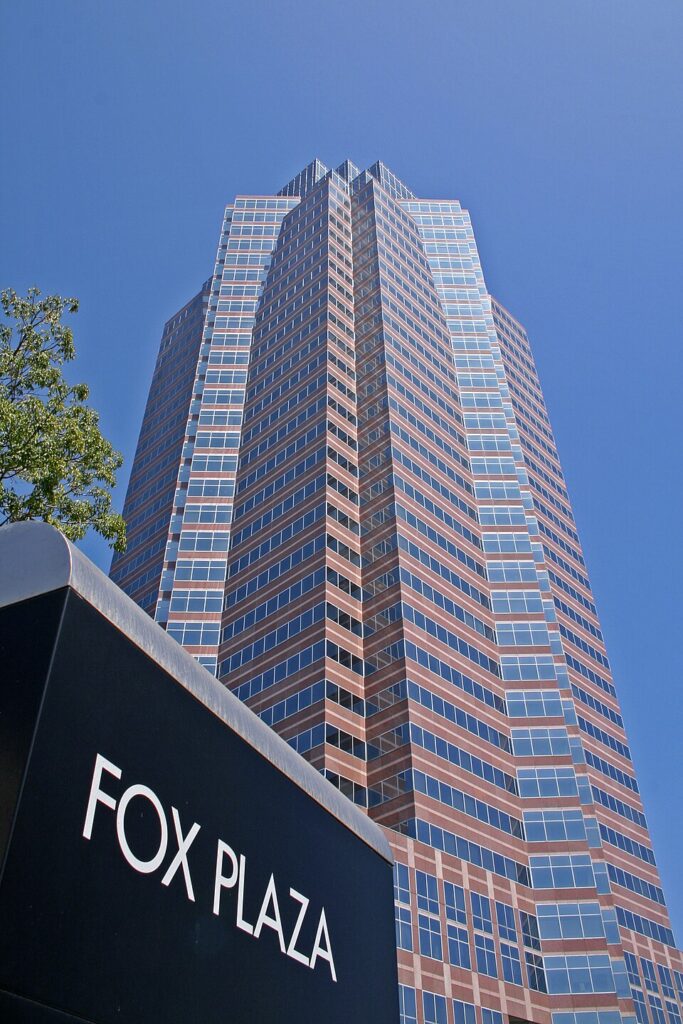 Fox Plaza glass skyscraper against blue sky