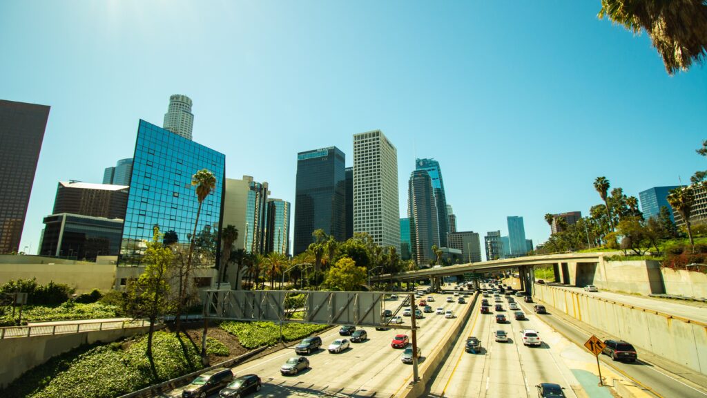 Freeway leading into downtown skyline