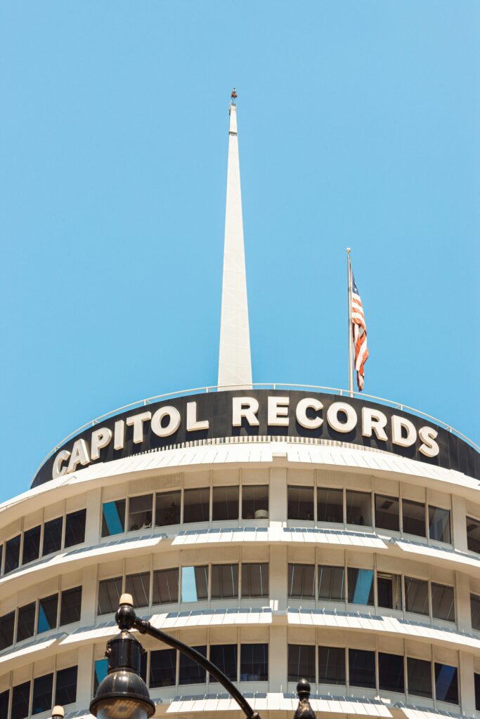 Capitol Records tower with spire and American flag