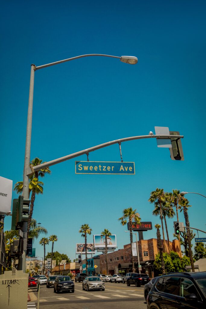 Los Angeles Sweetzer Ave sign with palm trees
