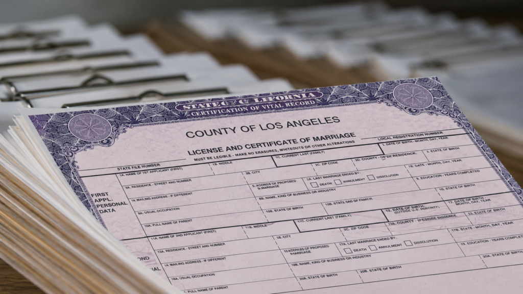 Los Angeles marriage certificates stacked on clipboards