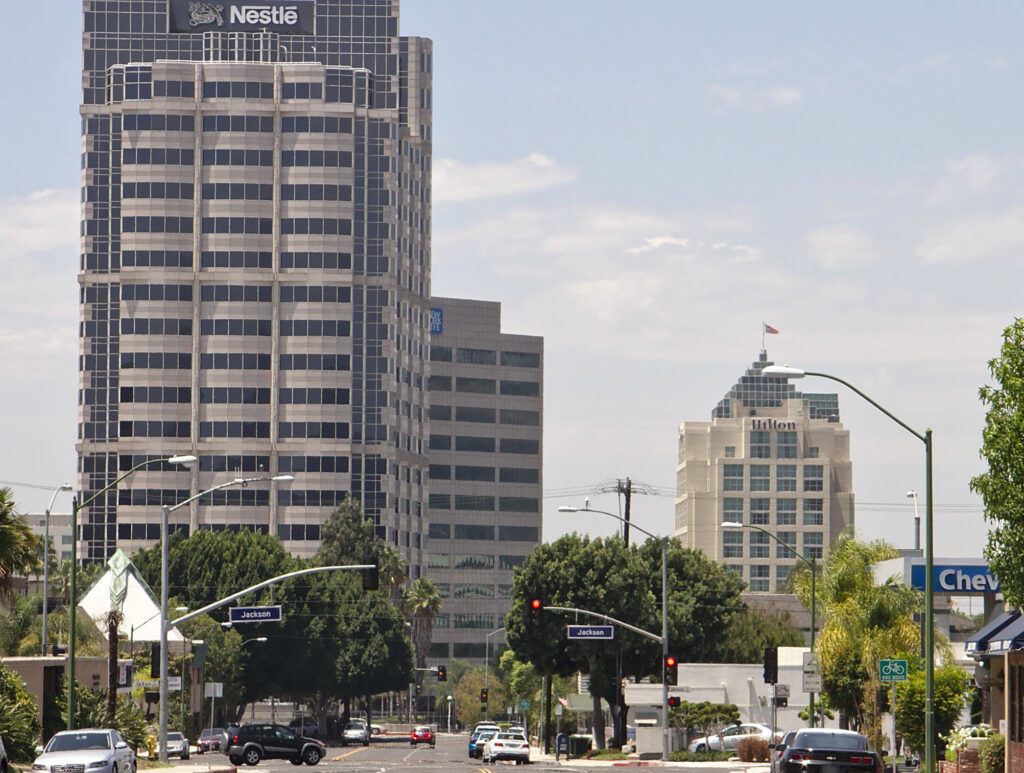 Downtown street with high-rise office buildings
