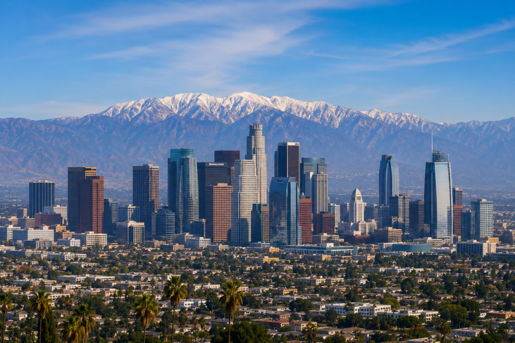 Downtown Los Angeles skyline with snow-capped mountains